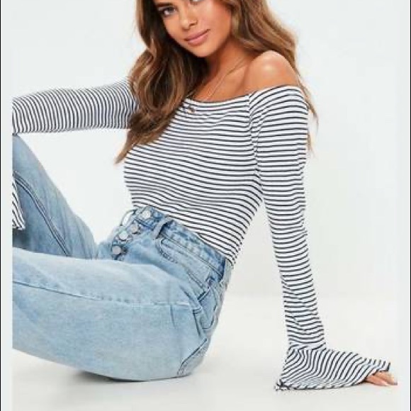 Missguided Tops - White Bardot Stripe Bodysuit